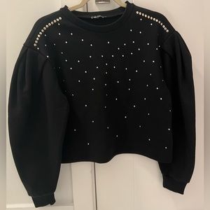 Zara Black Puff Sleeves Studded Fleece Sweater